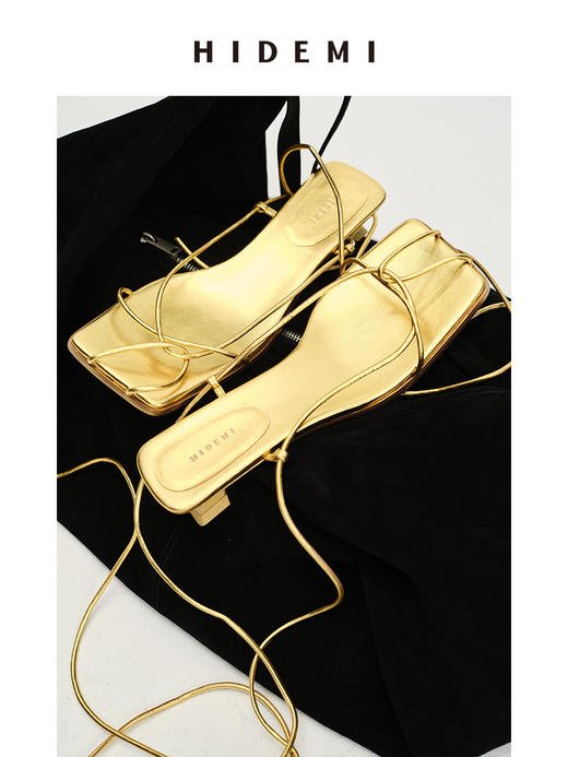 HIDEMI方头系带设计感小跟凉鞋 红色/黑色/白色/金色 商品图1