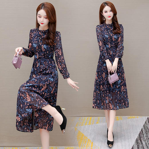 YWE OMS209-1气质优雅长袖印花中长款连衣裙 商品图3