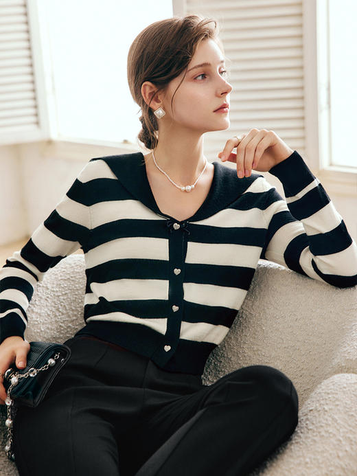 OLrain法式黑白条纹针织开衫女早秋2022年新款时尚修身海军领上衣 商品图1