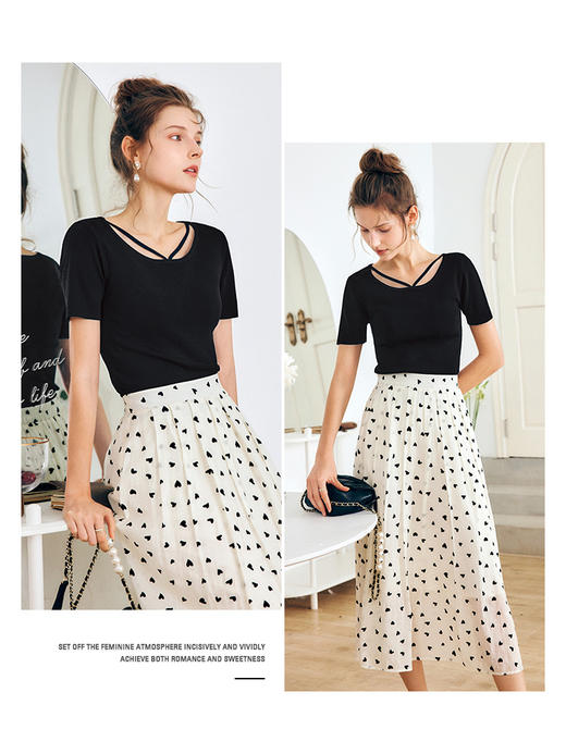 OLrain欧芮儿法式黑色短袖T恤女夏季2022新款修身设计感纯色上衣 商品图2