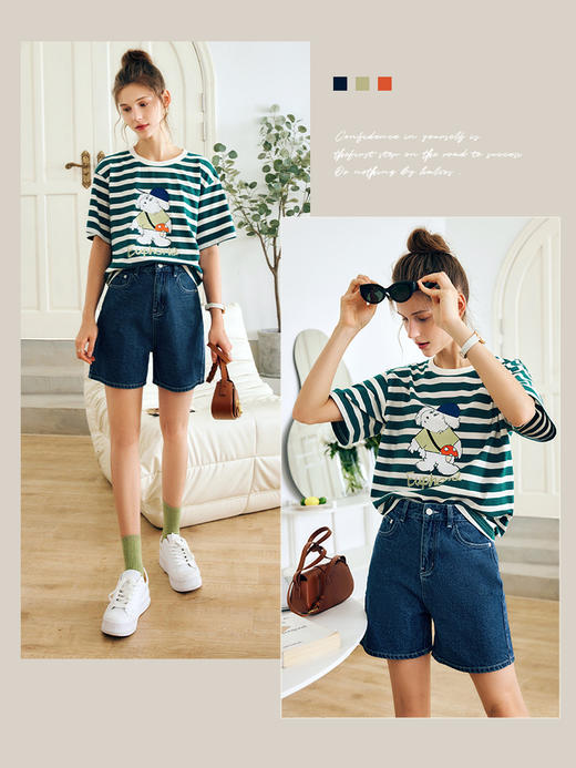 OLrain法式条纹短袖T恤女夏季2022新款宽松显瘦狗狗印花圆领上衣 商品图2