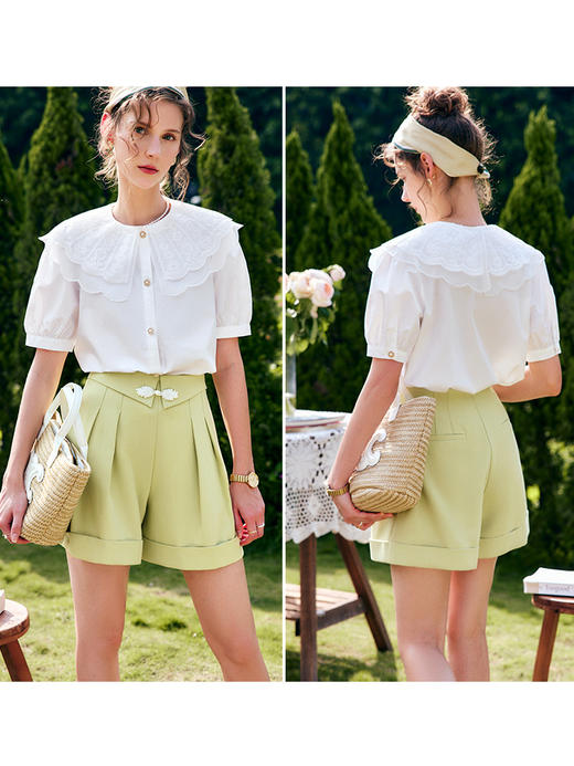 欧芮儿OLrain法式白色雪纺蕾丝衫女夏季2022新款宫廷风甜美小衫 商品图2