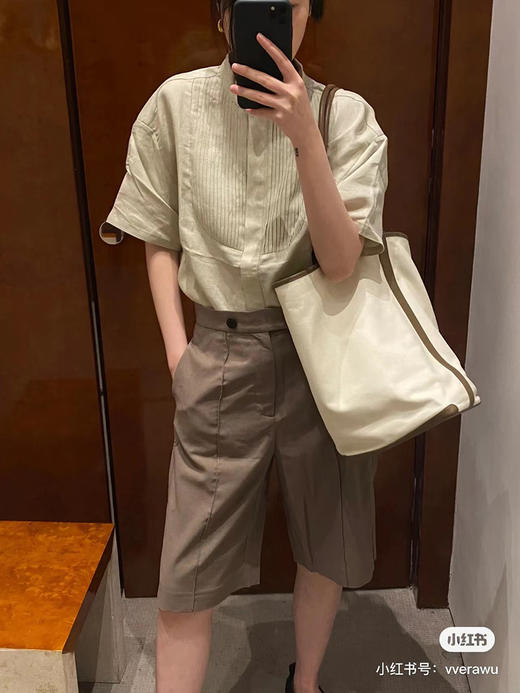 HIDEMI 两粒扣纤维显瘦西裤中短裤 奶茶色/白色 商品图1