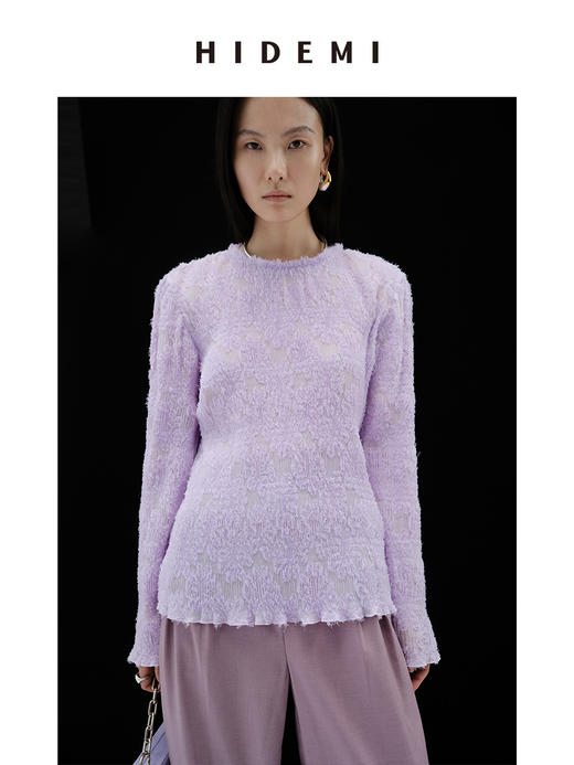 HIDEMI 到店必入艺术感雕花弹力上衣 黑色/米白色/奶油紫/巧克⼒⾊/清风绿 商品图3