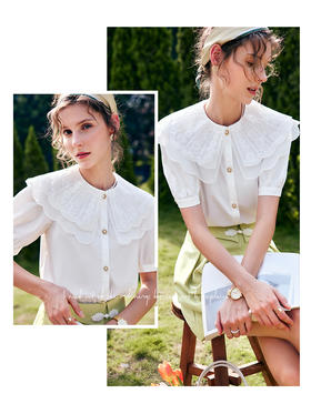 欧芮儿OLrain法式白色雪纺蕾丝衫女夏季2022新款宫廷风甜美小衫