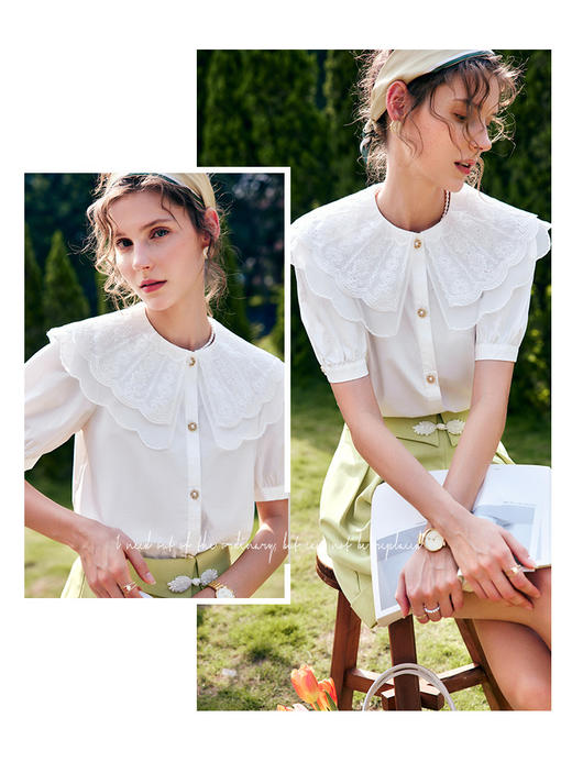欧芮儿OLrain法式白色雪纺蕾丝衫女夏季2022新款宫廷风甜美小衫 商品图0