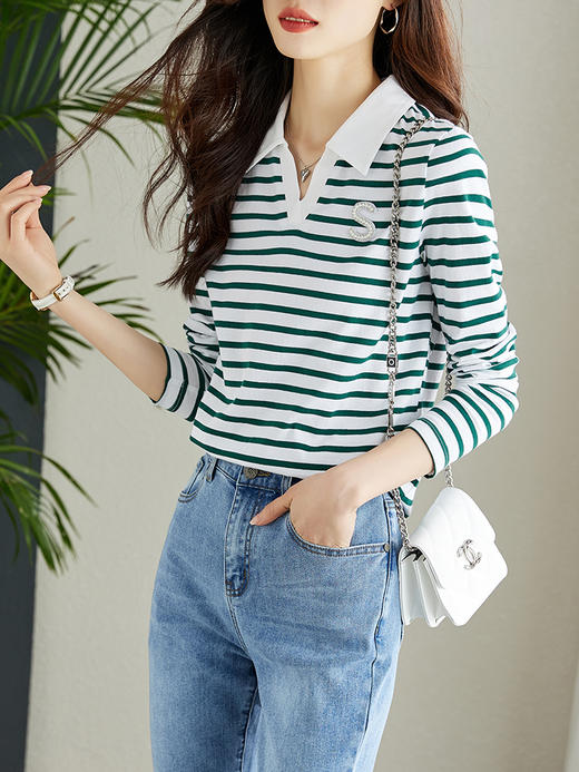 【年终特卖】熙世界西姆尔条纹T恤女长袖百搭简约POLO衫女早秋新款上衣ins 商品图2