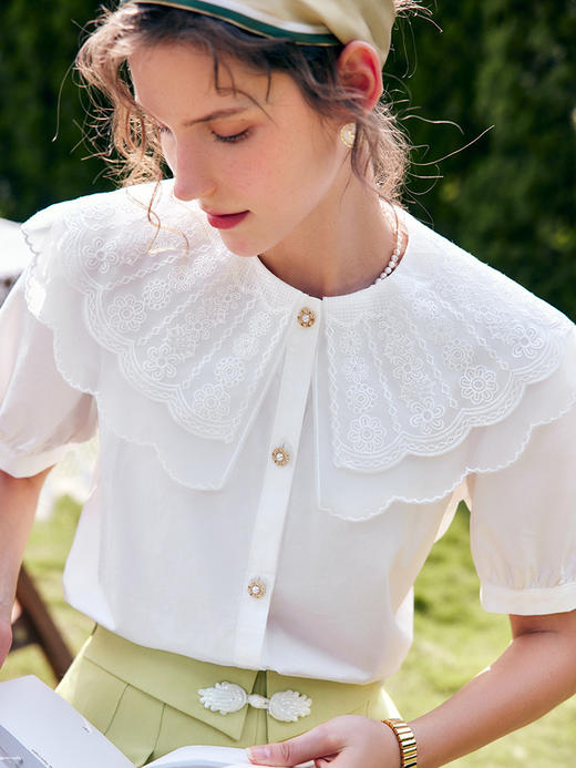 欧芮儿OLrain法式白色雪纺蕾丝衫女夏季2022新款宫廷风甜美小衫 商品图1