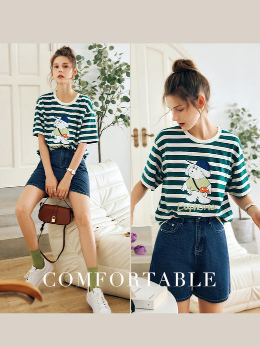 OLrain法式条纹短袖T恤女夏季2022新款宽松显瘦狗狗印花圆领上衣 商品图1
