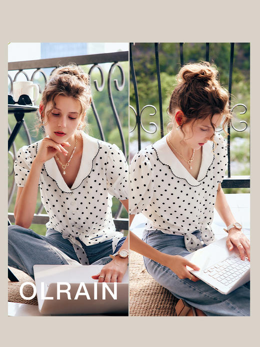 OLrain法式高级穿搭波点雪纺衫女夏季2022新款复古设计感系带衬衣 商品图1