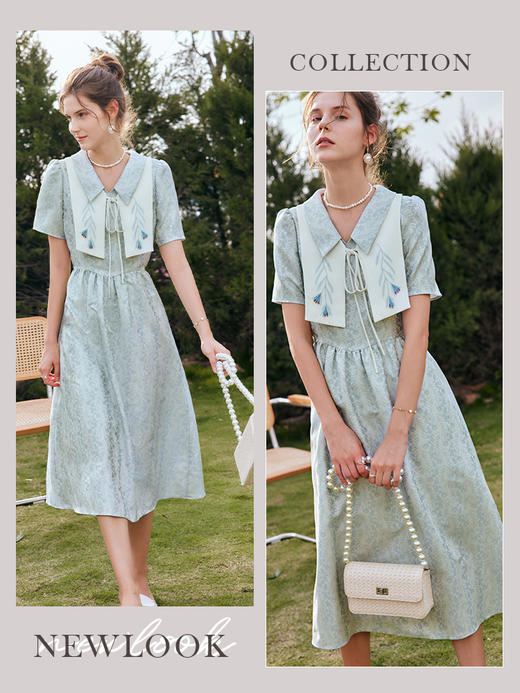 OLrain法式高级穿搭提花短袖连衣裙女夏季2022新款可拆卸刺绣领裙 商品图1