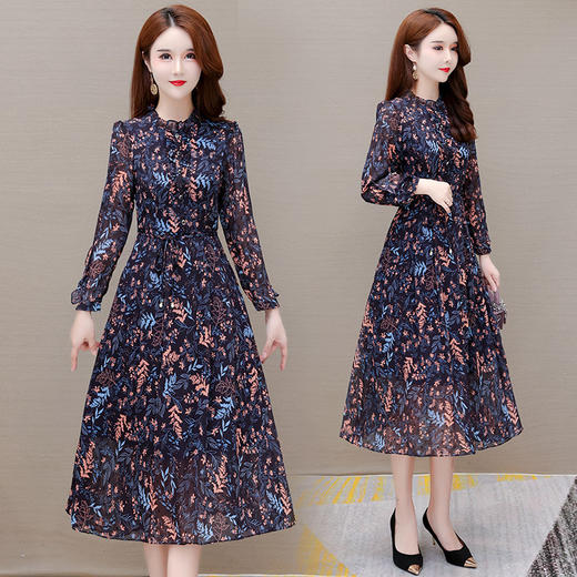 YWE OMS209-1气质优雅长袖印花中长款连衣裙 商品图0