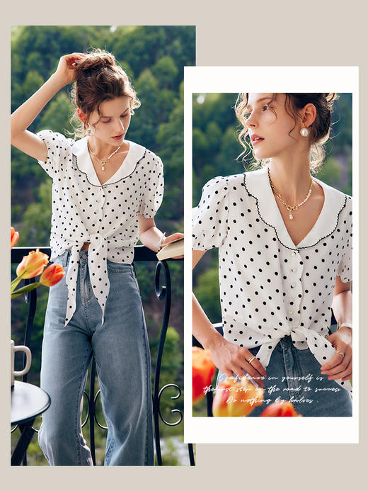 OLrain法式高级穿搭波点雪纺衫女夏季2022新款复古设计感系带衬衣 商品图0