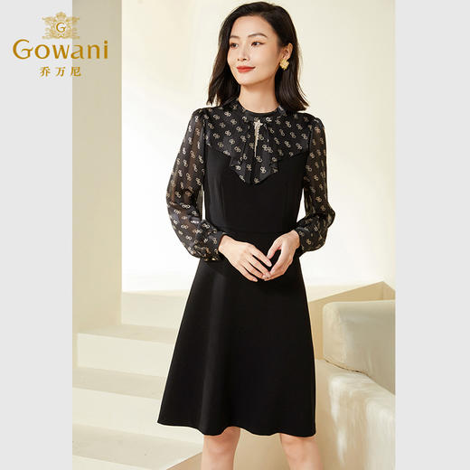乔万尼春装新款显瘦减龄连衣裙法式收腰小黑裙长袖EF3E857 商品图1