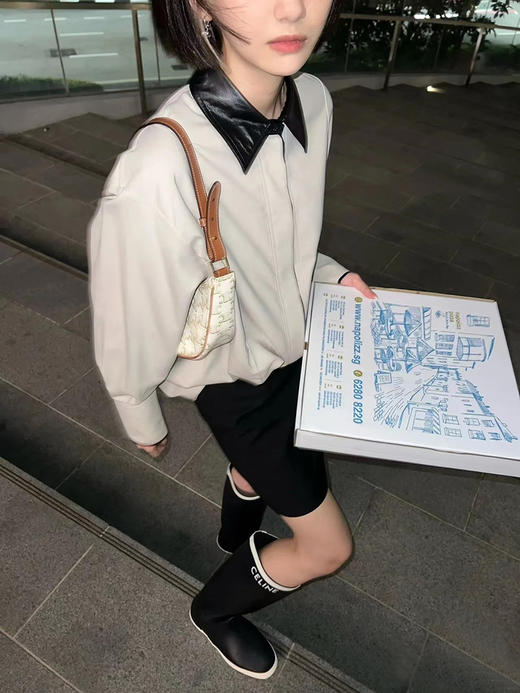 HIDEMI简约设计感拼皮衬衫式外套 商品图1