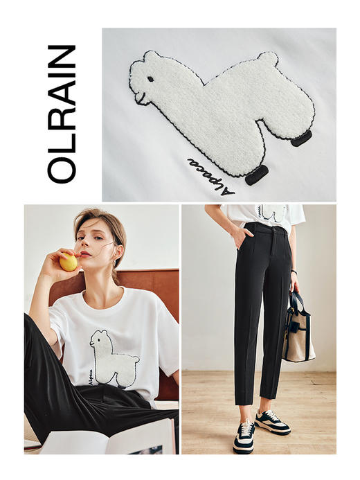 OLrain法式白色短袖T恤女早秋2022新款宽松显瘦刺绣针织圆领上衣 商品图3