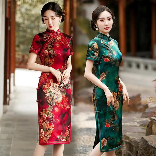 JYJR-132新款中长款复古民国风老上海贵妇修身显瘦桑蚕丝旗袍裙女 商品图0