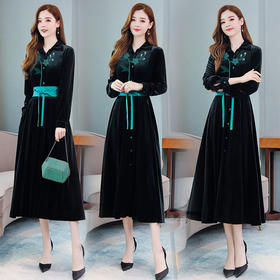 2022春秋季新款复古风连衣裙复古绣花连衣裙排扣长袖打底连衣裙女 HR-ZMFS90808