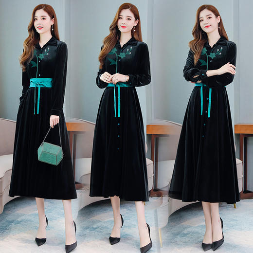 2022春秋季新款复古风连衣裙复古绣花连衣裙排扣长袖打底连衣裙女 HR-ZMFS90808 商品图0