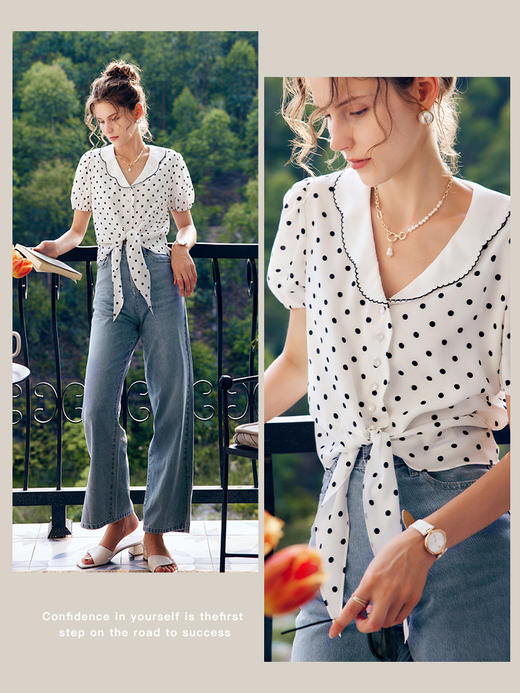 OLrain法式高级穿搭波点雪纺衫女夏季2022新款复古设计感系带衬衣 商品图3