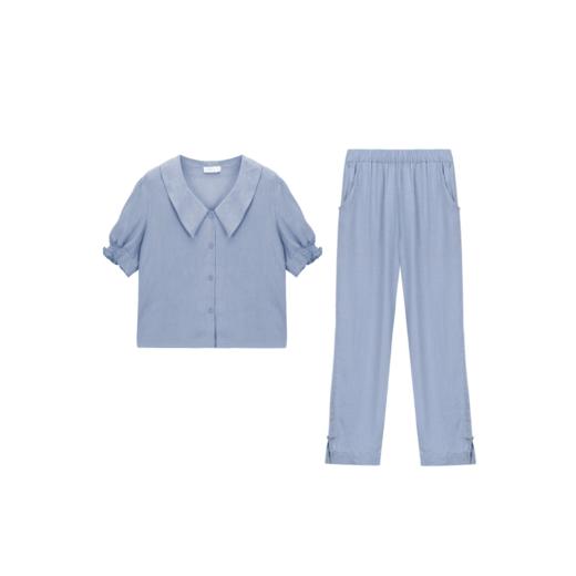 可外穿家居服 BLEO 亲肤轻盈亚麻尖领短袖长裤套装 商品图8