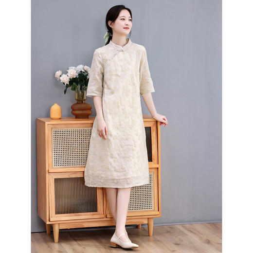 苎麻刺绣，重磅中袖长款连衣裙盘扣旗袍HS-HY2217-1 商品图2