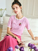 OLrain法式粉色条纹针织衫女夏季2022年新款减龄刺绣甜美冰爽小衫 商品缩略图1