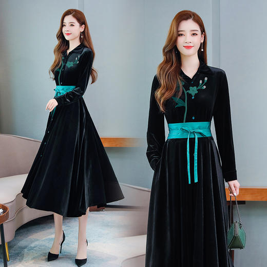 2022春秋季新款复古风连衣裙复古绣花连衣裙排扣长袖打底连衣裙女 HR-ZMFS90808 商品图4