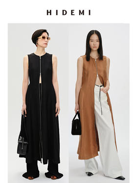 HIDEMI 简约设计感圆领拉链式收腰显瘦亚麻连衣裙 黑色/咖啡色