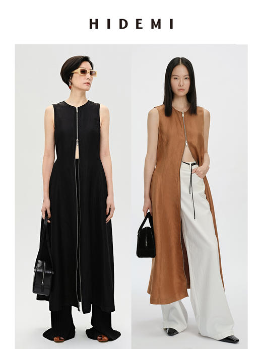 HIDEMI 简约设计感圆领拉链式收腰显瘦亚麻连衣裙 黑色/咖啡色 商品图0
