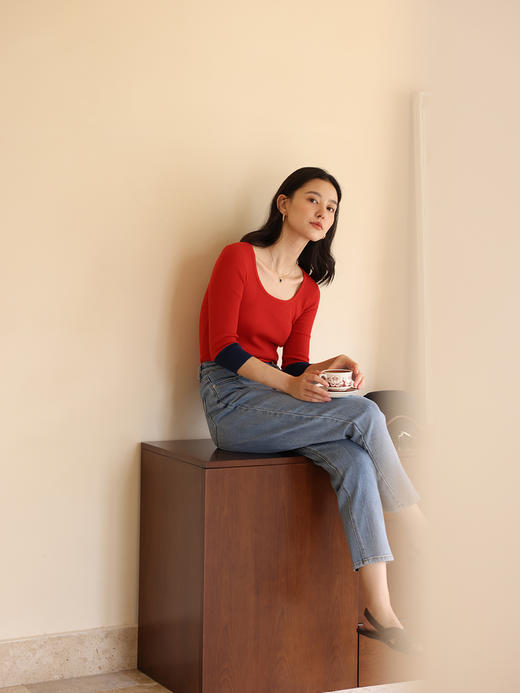 HeyDress法式圆领针织衫女秋季撞色九分袖设计打底衫修身别致上衣 商品图1