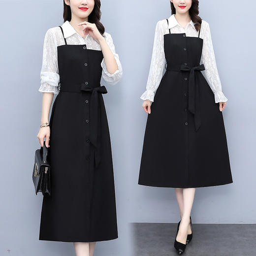 AHMzmdm9493  2022春秋新款黑白拼接减龄气质青春活力宽松系带显瘦长袖连衣裙 商品图3