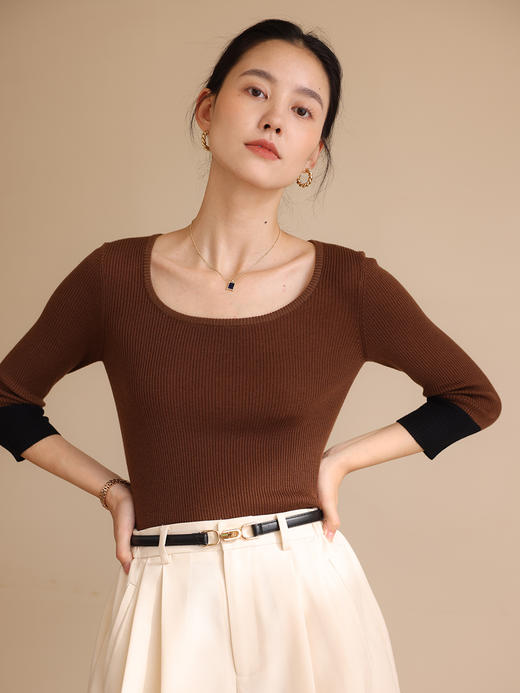 HeyDress法式圆领针织衫女秋季撞色九分袖设计打底衫修身别致上衣 商品图4