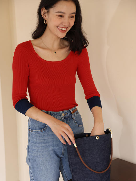 HeyDress法式圆领针织衫女秋季撞色九分袖设计打底衫修身别致上衣 商品图0