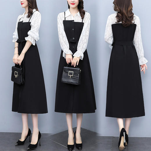 AHMzmdm9493  2022春秋新款黑白拼接减龄气质青春活力宽松系带显瘦长袖连衣裙 商品图4