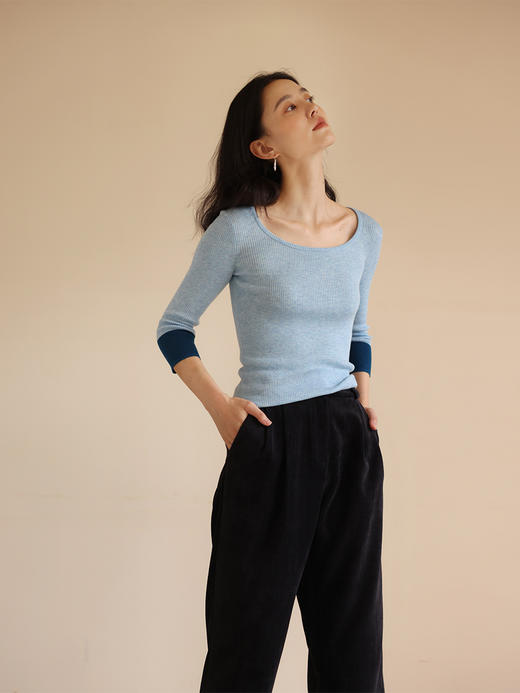 HeyDress法式圆领针织衫女秋季撞色九分袖设计打底衫修身别致上衣 商品图3