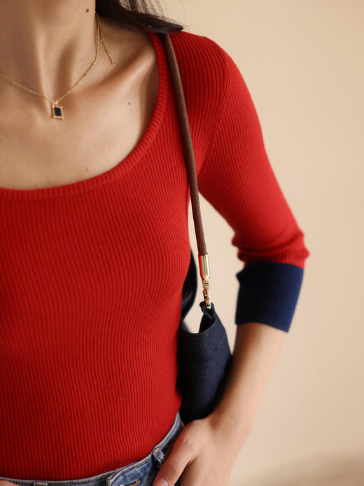 HeyDress法式圆领针织衫女秋季撞色九分袖设计打底衫修身别致上衣 商品图2