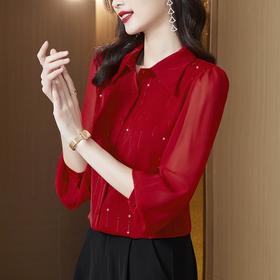 洋气长袖打底衫，时尚妈妈镶钻遮肚翻领衬衫KQL-9011