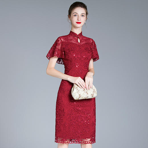 婚宴礼服喜婆婆妈妈装大码红色连衣裙  DNO-2EA8824 商品图1