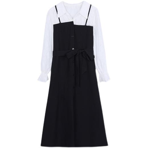 AHMzmdm9493  2022春秋新款黑白拼接减龄气质青春活力宽松系带显瘦长袖连衣裙 商品图5