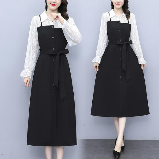 AHMzmdm9493  2022春秋新款黑白拼接减龄气质青春活力宽松系带显瘦长袖连衣裙 商品图2