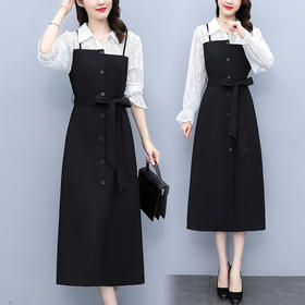 AHMzmdm9493  2022春秋新款黑白拼接减龄气质青春活力宽松系带显瘦长袖连衣裙