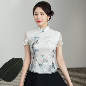 绣花日常短袖旗袍女式改良唐装上衣妈妈装夏季休闲两件套装中国风 HH2498