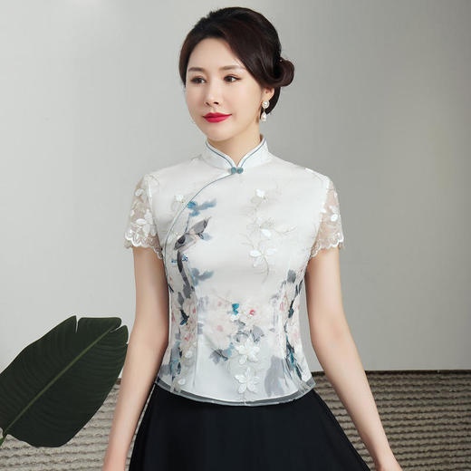 绣花日常短袖旗袍女式改良唐装上衣妈妈装夏季休闲两件套装中国风 HH2498 商品图0