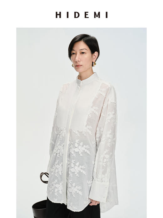 HIDEMI ⽴体刺绣花卉拼接简约设计感廓形衬衫 商品图8