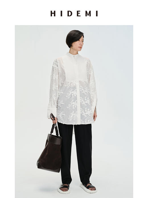 HIDEMI ⽴体刺绣花卉拼接简约设计感廓形衬衫 商品图1