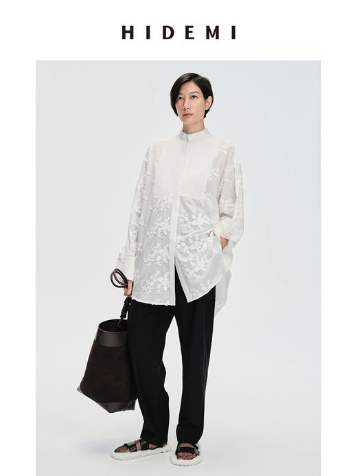 HIDEMI ⽴体刺绣花卉拼接简约设计感廓形衬衫 商品图3
