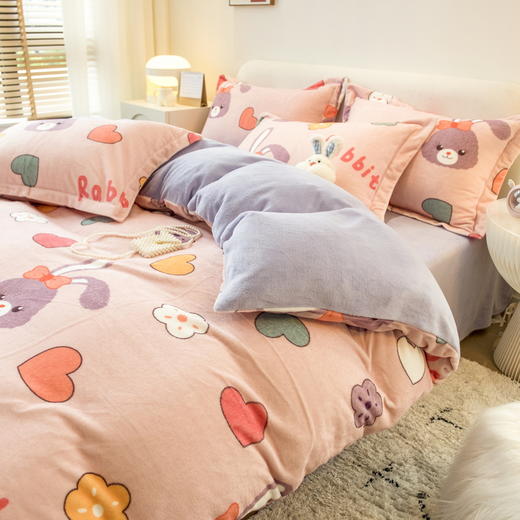 【小清新牛奶绒加厚四件套】水晶绒冬季保暖四件套 法莱绒被套 高密牛奶绒印花四件套 商品图1