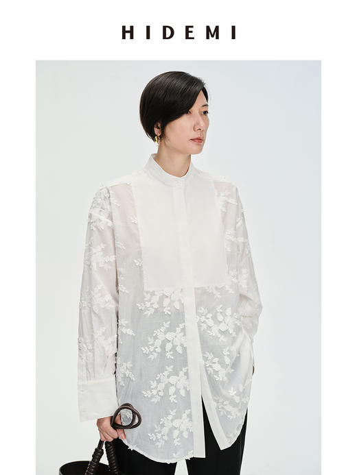 HIDEMI ⽴体刺绣花卉拼接简约设计感廓形衬衫 商品图10