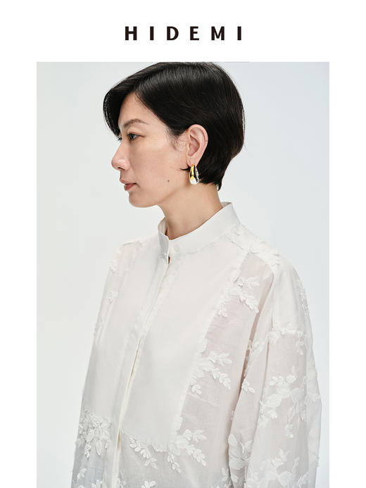 HIDEMI ⽴体刺绣花卉拼接简约设计感廓形衬衫 商品图7